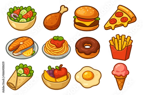 Food icons set. Big collection of cartoon vector illustrations for menu, sticker or web. Junk food and healthy meals like pizza, burger, salad, donut, pasta and fruits.