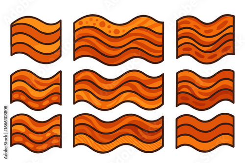 Fried bacon strips set. Crispy pork meat for breakfast. Cartoon vector illustration graphic design elements. Fast food snack or meal ingredient. Isolated food icons set.