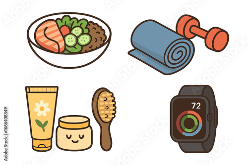 Healthy lifestyle icon set. Wellness routine with balanced meal, fitness gear, self care items, and tracker. Health food, exercise, skincare, and smartwatch for balance.