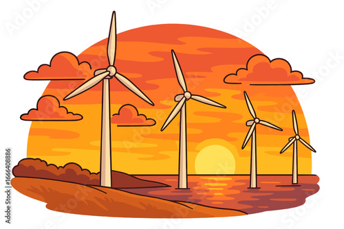 Wind turbines generate clean energy at sunset. Offshore wind farm concept. Renewable power technology for sustainability. Ecology and environment vector illustration. Power plant.