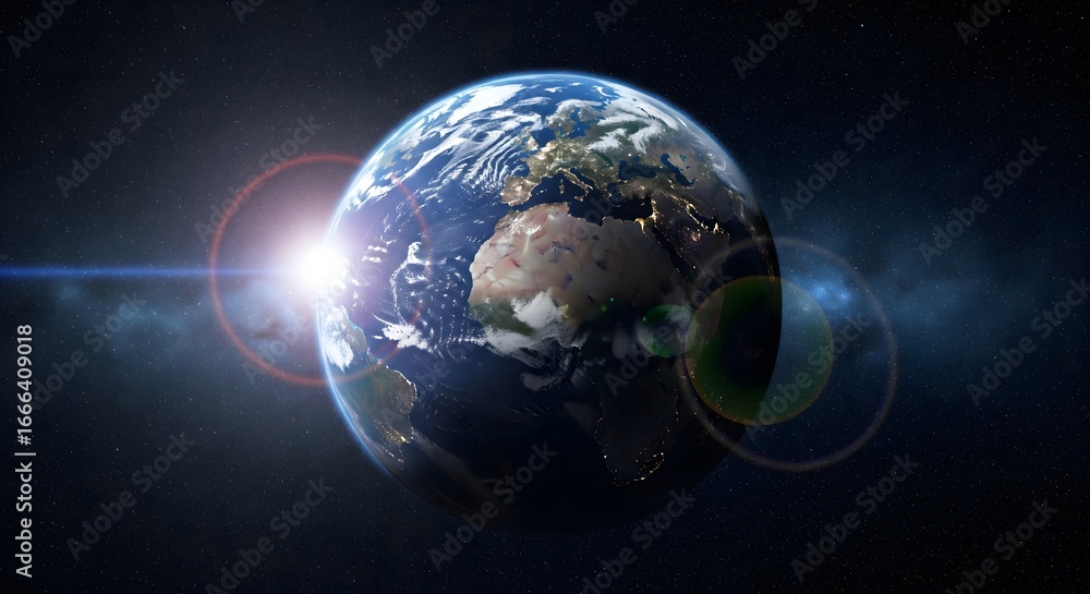 Obraz premium The planet Earth viewed from outer space with a bright sun flare. Represents global connection, environment, and space exploration.