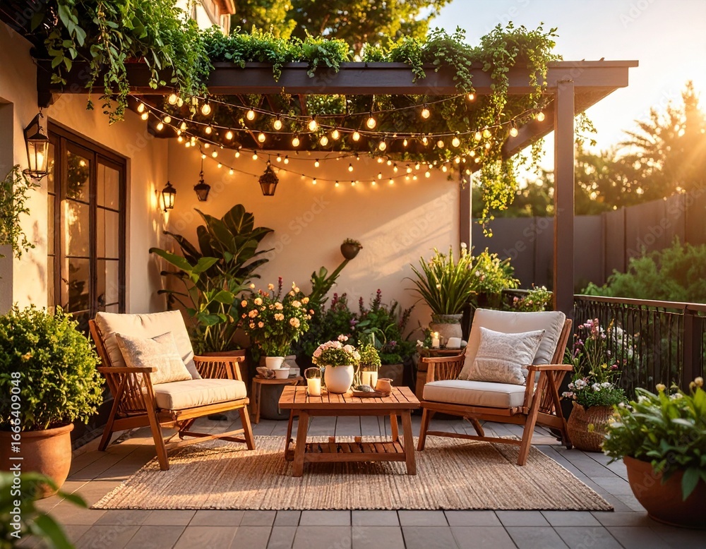 Fototapeta premium Aesthetic ultra realistic garden terrace setup with lounge chairs, tea table, decorat 