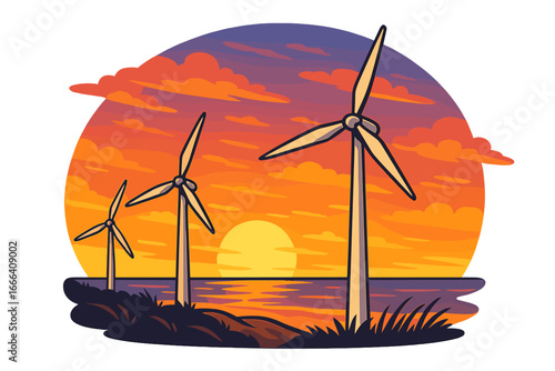 Wind turbines on the coast at sunset. Clean, renewable energy concept. Vector illustration of windmills for green power generation. Eco friendly alternative electricity.