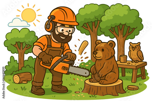 Lumberjack woodworker carving a bear wood sculpture with a chainsaw. Man carpenter at work. Woodcraft art hobby. Professional wood carving art. Cartoon vector illustration.
