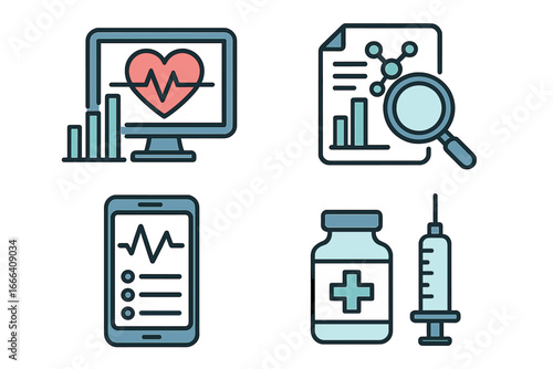 Health technology icon set. Medical advancement and research concept. Healthcare data analysis, heart monitoring, mobile health app, vaccine and medicine vector icons.