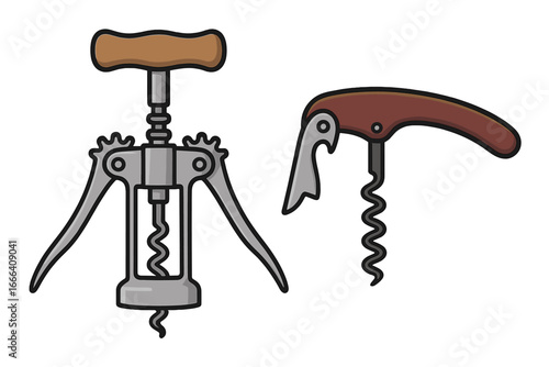 Vector illustration of two distinct corkscrews for opening wine bottles, ergonomic wing design and classic waiter’s friend style, cartoon graphic for bar, kitchen, restaurant tools
