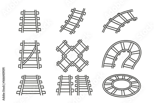 Railroad track variety vector set. Straight, curved, crossing, switching, loop and spiral railway shapes. Simple line drawing icons. Train infrastructure transport elements. Isolated illustration