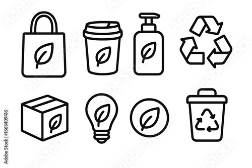 Set of ecology line icons. Eco friendly product, green energy, sustainable packaging, and recycling symbols. Environmental conservation and biodegradable concept. Vector illustration.