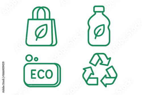 Eco friendly line icon set. Green symbols for sustainability, environment, and recycling. Natural product vectors like reusable bag, bottle, and biodegradable soap sign.