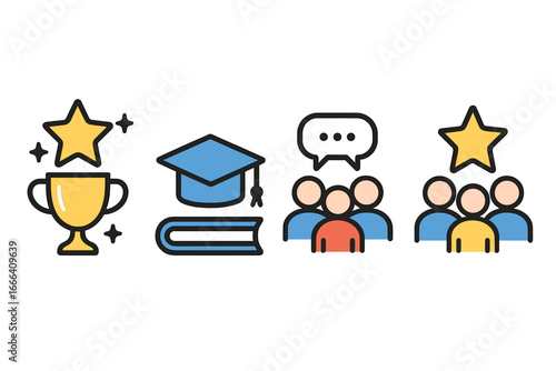 Vector icon set for business success and education. Trophy for achievement, graduation cap for learning, and team collaboration icons for communication and leadership.
