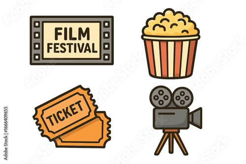 Film festival icon set. Movie night cinema elements. Vector cartoon illustration with popcorn, ticket, and vintage film camera. Entertainment industry retro symbols collection.