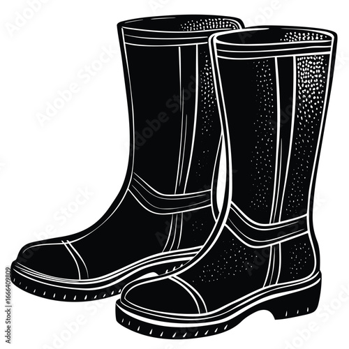 Pair black rubber boots vector illustration. silhouette rubber boots on white background.