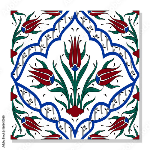 Turkish tiles vector design, Turkish tulips pattern illustration on transparent background