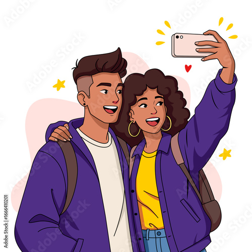 Couples taking a selfie. Happiness and love vector illustration