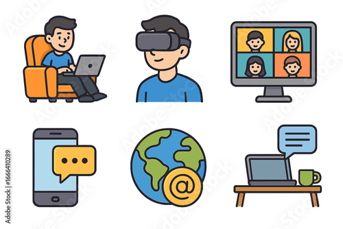 Remote work and digital technology icon set. Vector cartoon illustration of online communication, virtual reality, freelance, video conference, global network, and home office.