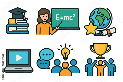 Education icon set for e-learning and teamwork. School, university and success concepts. Teacher, student, graduation, globe, trophy and idea icons. Vector cartoon illustration.
