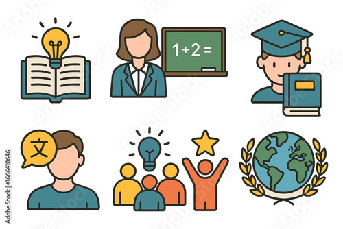 Education icon set for learning, school, and university. Vector concepts for teacher, student, graduation, teamwork, knowledge, idea, language and global achievement.