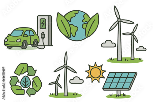 Eco friendly icons set. Green energy concept. Sustainable power, electric car, solar panel, wind turbine and recycle symbol. Ecology and environment vector illustration.