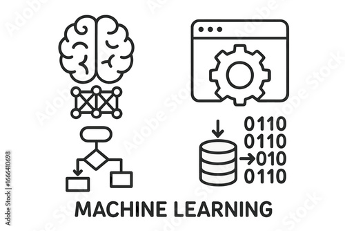 Machine learning line icon set. AI, artificial intelligence, neural network, algorithm, and data processing symbols. Brain, flowchart, database, and binary code for deep learning.