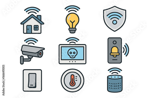 Smart home technology icon set. Vector icons for home automation system. Internet of things concept. Security camera, smart light, thermostat, voice assistant, doorbell symbols.