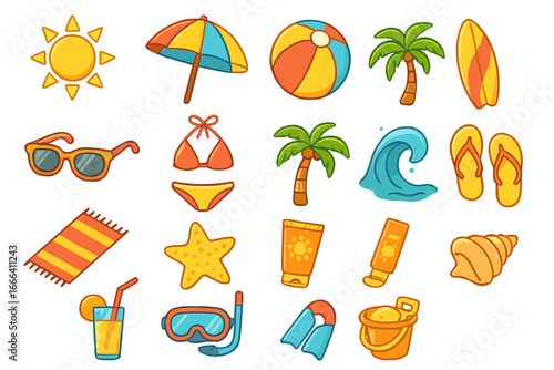 Summer beach vacation icon set. Vector cartoon collection of travel essentials like sun, palm tree, surfboard, bikini, wave, and snorkel for holiday and relaxation fun.