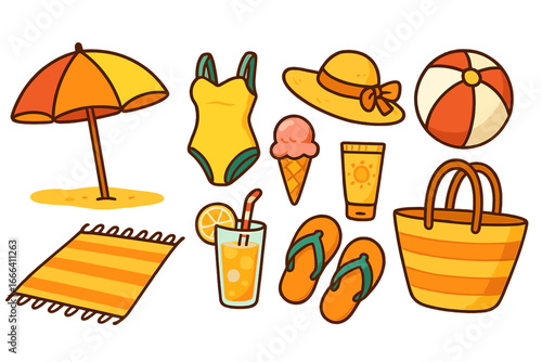 Cartoon beach essentials vector set on transparent background. Summer vacation items: umbrella, swimsuit, sunhat, beach ball, mat, flip flops, bag, sunscreen, lemonade, ice cream. Fun holiday objects
