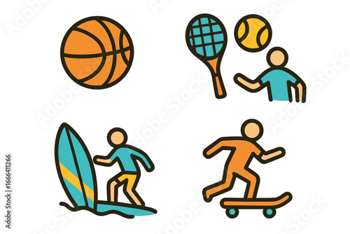 Set of sport icons. Collection of vector illustrations for active lifestyle concepts. Basketball, tennis player, surfing and skateboarding pictograms for web and mobile apps.