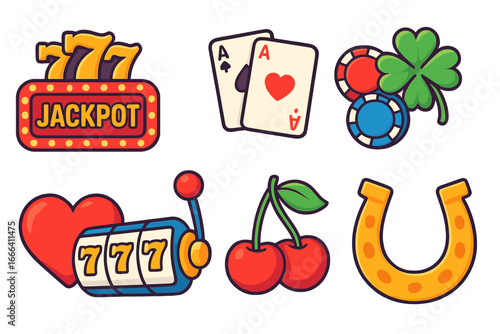 Casino icon set with lucky gambling symbols. Vector cartoon illustration of jackpot, 777, slot machine, poker cards, horseshoe, clover, and chips for gaming design.
