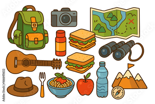 Adventure travel essentials vector illustration. Hiking picnic food, map, camera, backpack, guitar, mountains, hat, binoculars, compass, sandwich, thermos. Outdoor camping exploration gear set.