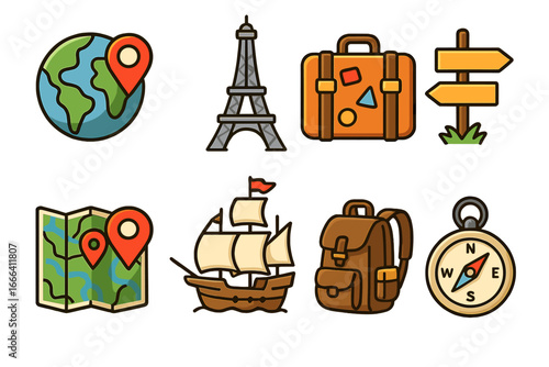 Adventure and Travel Icon Set for Exploration and Journey – Famous Landmarks, Map Markers, Suitcase, Backpack, Compass, Signpost, Ship – Colorful Cartoon Vector Illustration Transparent Background
