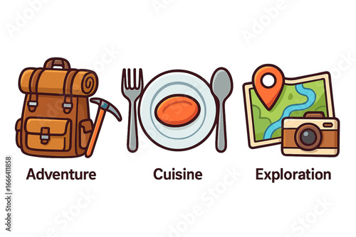 Adventure Cuisine Exploration Travel Icons Set. Vector Cartoon Backpack Map Camera Cutlery Plate Symbols for Journey, Food Tourism, Hiking, Vacation, Trip Essentials. Isolated Transparent Background.
