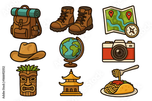Cartoon Travel Icons Set for Adventure, Exploration, Culinary Experiences, Diverse Cultures, Globe, Map, Hiking Gear, Camera, Food, Hat, Boots, Vector Illustration Transparent