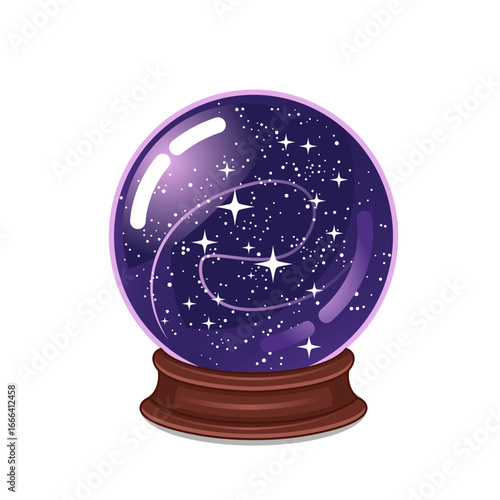 Crystal ball with purple lights and stars inside. Fantasy object vector illustration on transparent background. 