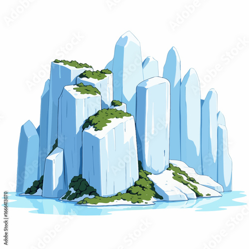 Majestic Icebergs Towering Over Pristine Blue Waters with Verdant Greenery Accents in Stunning Arctic Seascape Illustration