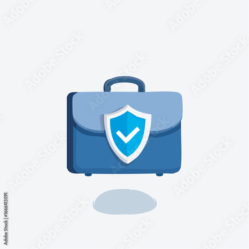 Blue briefcase displays security shield with checkmark, symbolizing safe business practices and data protection in a modern, trustworthy theme.