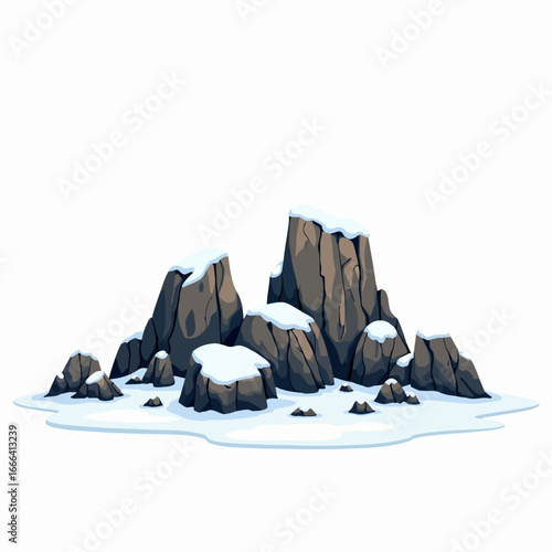 Snow-Covered Rocky Outcrop Amidst Barren Winter Landscape with Steep Crags and Snowdrifts Under Clear Sky
