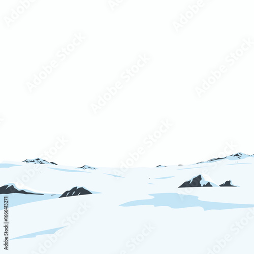Serene landscape capturing the tranquility of vast snow-covered fields and distant mountain peaks under a clear blue sky embodying winter's peaceful beauty