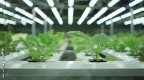 Rows of hydroponically grown plants thrive under artificial lighting, showcasing sustainable agriculture practices within an indoor environment, fostering efficient food production.