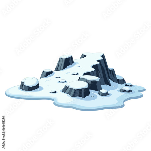 Snow-Covered Rocky Island with Icy Peaks and Layered Snowdrifts Amidst Winter Landscape in Serene Arctic Environment Captured in Stunning Detail