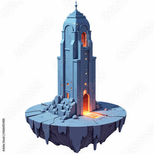 Floating Mystical Tower with Glowing Entrance on Rocky Island in Surreal Landscape at Twilight