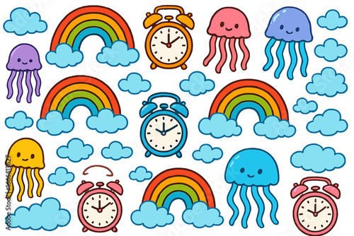 Cute cartoon doodle set with kawaii jellyfish, rainbow, clouds, and alarm clocks. Hand drawn vector illustration collection for kids. Fantasy weather and sea animal icons.