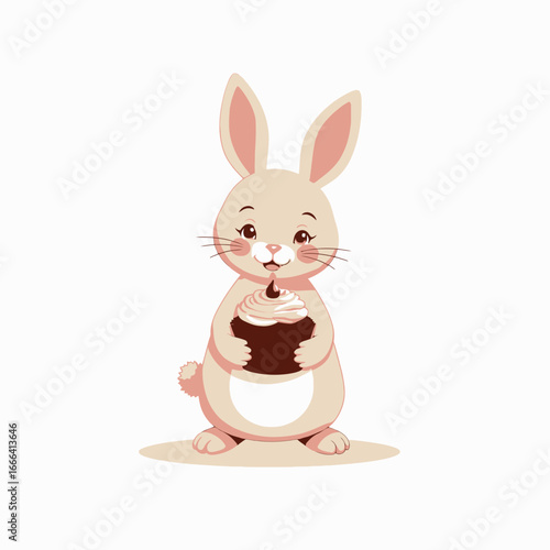 Cute Cartoon Bunny Holding a Chocolate Cupcake with a Little Candle on Top Ready to Celebrate in a Whimsical Delightful Scene