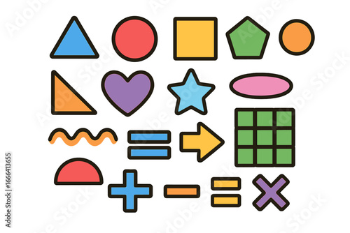 Set of colorful basic geometric shapes and math symbols. Flat design icon collection for kids. Education, learning for preschool, kindergarten. Vector illustration isolated.