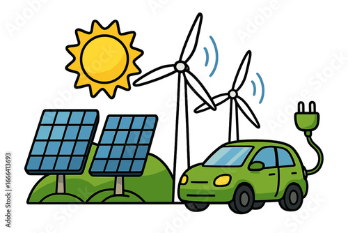 Renewable energy ecosystem vector illustration featuring solar panels, wind turbines, eco-friendly electric car, green technology, clean energy transition, cartoon sunny landscape background