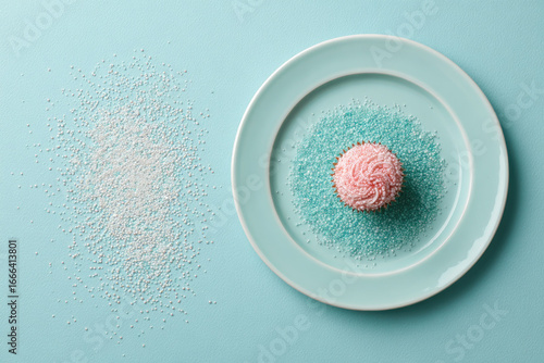 Pastel cupcake with pink frosting and sugar sprinkles on small blue plate, surrounded by scattered white and blue sprinkles, minimal and cheerful dessert concept