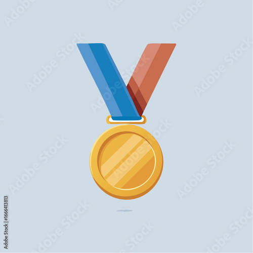 Golden medal hangs from ribbon against light blue backdrop, symbolizing achievement and victory in a simple, clean style, conveying success and recognition.