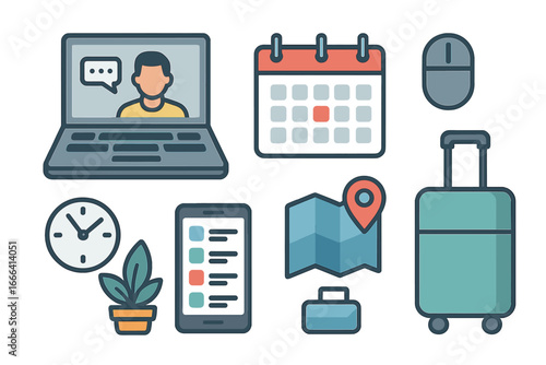 Remote work essentials vector illustration. Digital workspace icons with laptop, online meeting, calendar, mouse, clock, suitcase, map, smartphone agenda, plant. Modern telecommute tools set