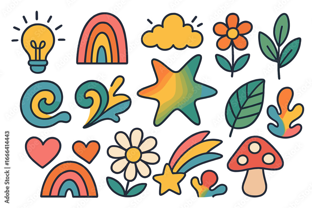 Naklejka premium Groovy retro sticker set. Hippie cartoon elements from the 70s. Abstract shapes, flowers, rainbows, hearts. Vintage doodle collection for peace and love concept vector.