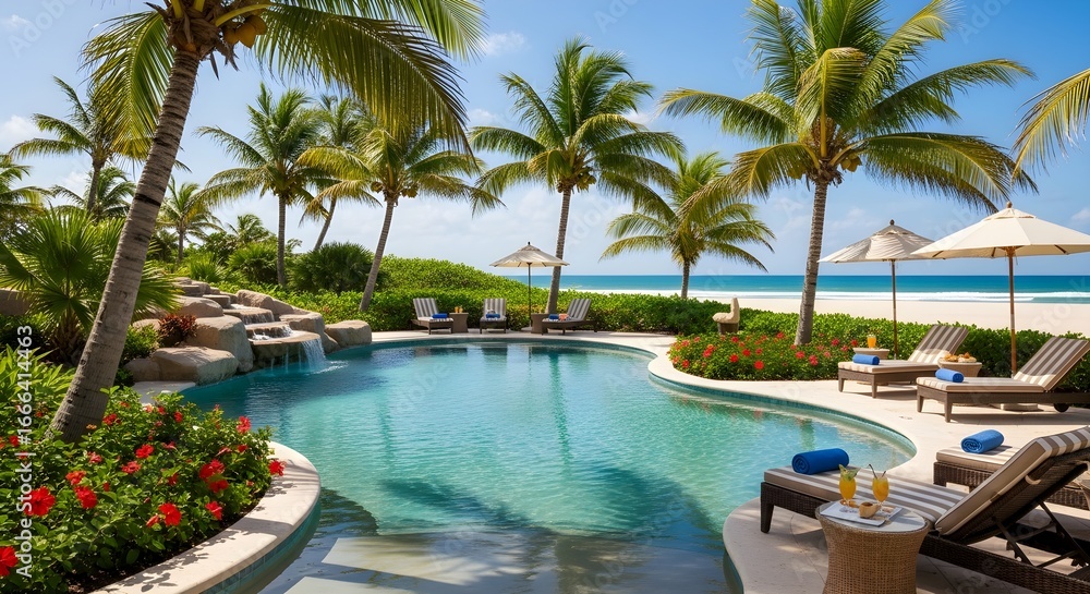 Fototapeta premium Luxurious Tropical Resort Poolside Relaxation Scene