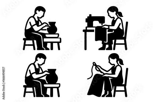 Artisan craft icons set with potter making clay pot on wheel and seamstress using sewing machine. Handmade hobby and traditional workshop vector illustration collection.